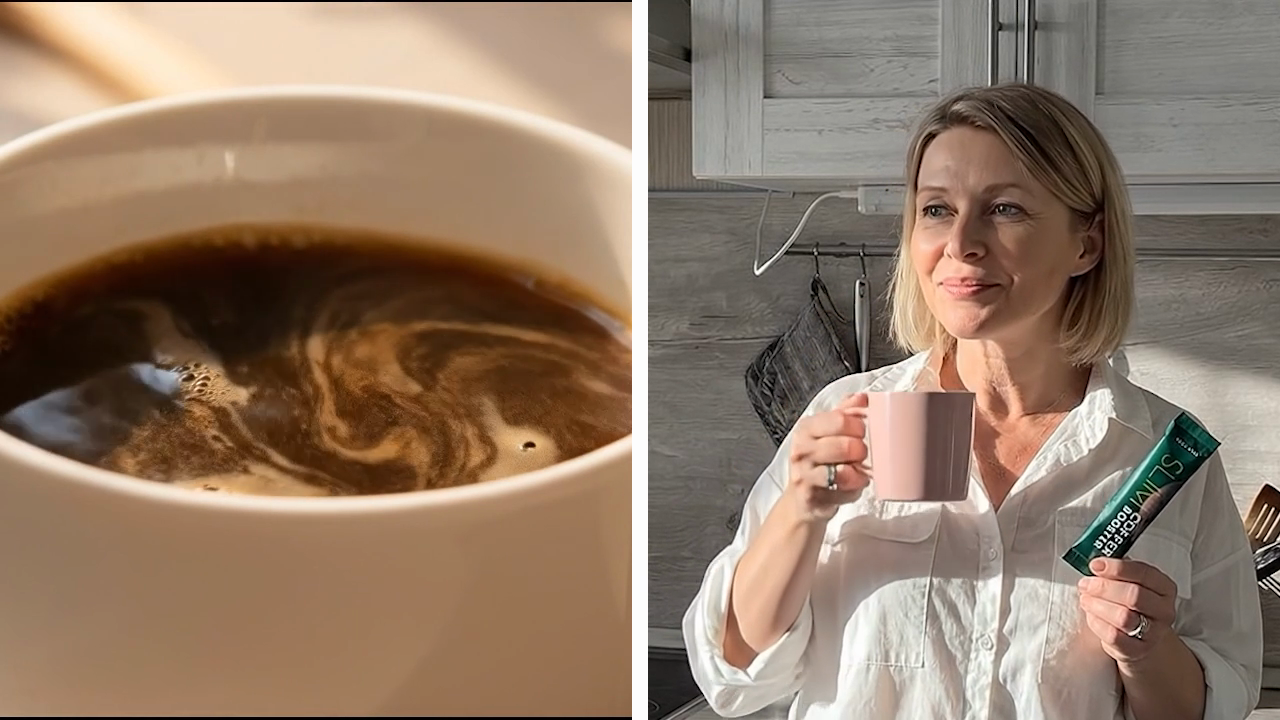 Adding a coffee booster sachet to a morning cup